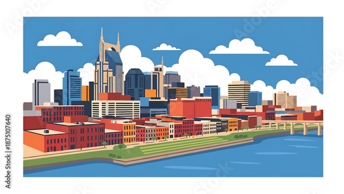 Flat vector illustration of a Nashville-style city skyline with mixed urban buildings, river setting and cultural city atmosphere using abstract flat architecture