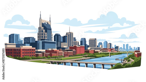 Flat vector illustration of a Nashville-style city skyline with mixed urban buildings, river setting and cultural city atmosphere using abstract flat architecture