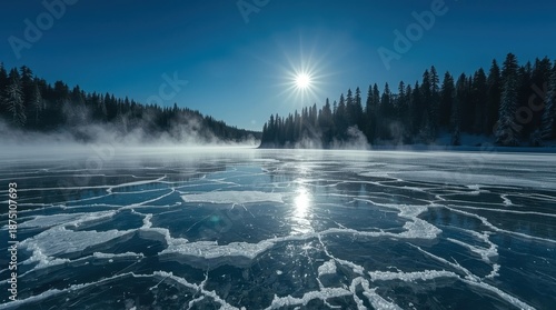 Frozen alpine lake at blue hour, ethereal mist rising from ice cracks, silhouettes of frosted pines, deep indigo sky. Generative AI