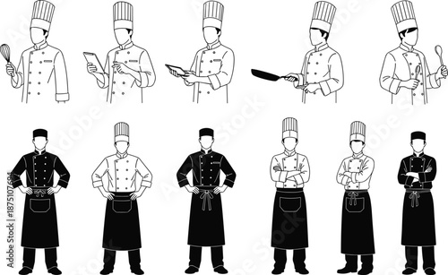Professional Chef Character Set Illustration Showing Cooking Poses Kitchen Uniforms Culinary Actions For Restaurant Catering Food Service Design