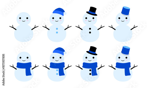 かわいい雪だるまのセット　青　透過
