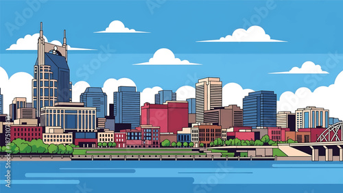 Flat vector illustration of a Nashville-style city skyline with mixed urban buildings, river setting and cultural city atmosphere using abstract flat architecture