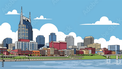 Flat vector illustration of a Nashville-style city skyline with mixed urban buildings, river setting and cultural city atmosphere using abstract flat architecture
