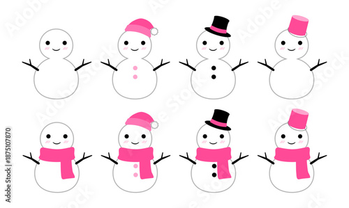 かわいい雪だるまのセット　ピンク　線あり