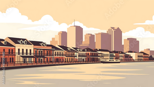 Flat vector illustration of a New Orleans–inspired city view with historic low-rise buildings, curved river and warm southern urban atmosphere in solid colors