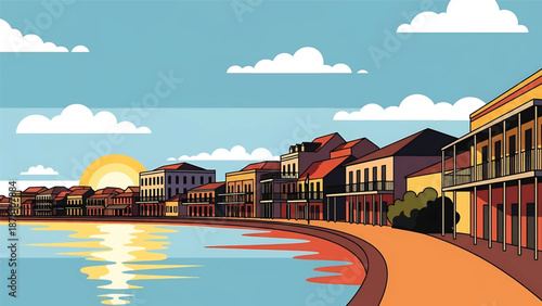 Flat vector illustration of a New Orleans–inspired city view with historic low-rise buildings, curved river and warm southern urban atmosphere in solid colors