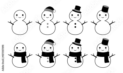 かわいい雪だるまのセット　白黒　線あり