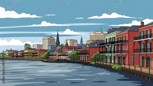 Flat vector illustration of a New Orleans–inspired city view with historic low-rise buildings, curved river and warm southern urban atmosphere in solid colors