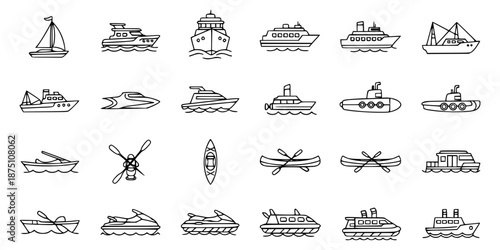 Collection of simple black and white vector drawings of various watercraft and nautical vessels, showcasing diverse boat types for marine transport and leisure activities