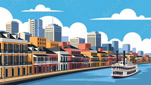 Flat vector illustration of a New Orleans–inspired city view with historic low-rise buildings, curved river and warm southern urban atmosphere in solid colors