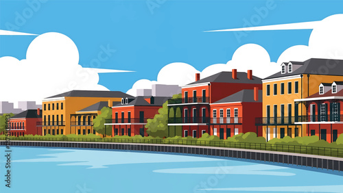Flat vector illustration of a New Orleans–inspired city view with historic low-rise buildings, curved river and warm southern urban atmosphere in solid colors