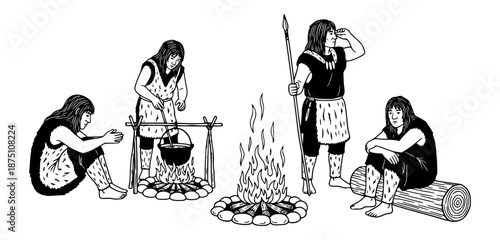 Detailed monochrome illustration depicting a scene of early humans, perhaps during the Stone Age, gathered around a crackling campfire, engaged in primal survival activities like cooking and resting 