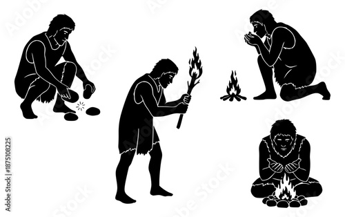 Illustrations of early human ancestors mastering the critical skill of fire creation and utilization for warmth, protection, and advancement during ancient times