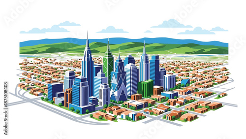Flat vector illustration of a San Jose–inspired city view with tech-style modern buildings, suburban layout and rolling hills in the background using solid flat colors