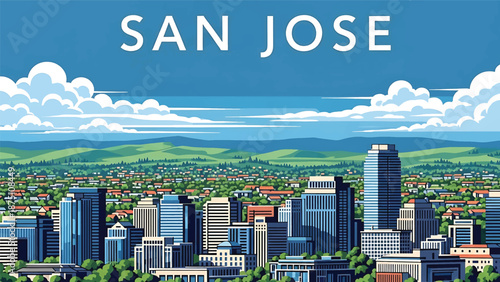 Flat vector illustration of a San Jose–inspired city view with tech-style modern buildings, suburban layout and rolling hills in the background using solid flat colors