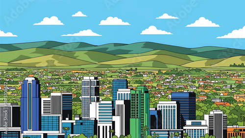 Flat vector illustration of a San Jose–inspired city view with tech-style modern buildings, suburban layout and rolling hills in the background using solid flat colors