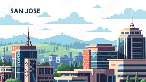 Flat vector illustration of a San Jose–inspired city view with tech-style modern buildings, suburban layout and rolling hills in the background using solid flat colors