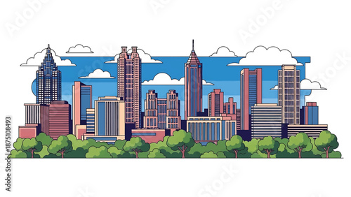 Flat vector illustration of a San Jose–inspired city view with tech-style modern buildings, suburban layout and rolling hills in the background using solid flat colors