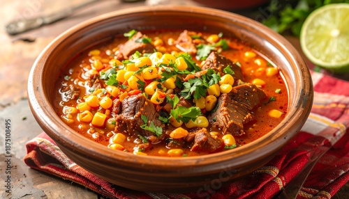 Hearty Beef Stew with Corn and Herbs.