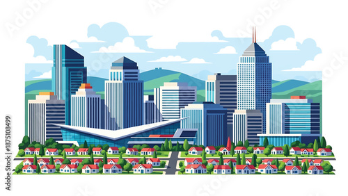 Flat vector illustration of an Atlanta-style skyline featuring modern skyscrapers surrounded by urban greenery and tree-lined areas, clean flat design with solid colors for travel themes