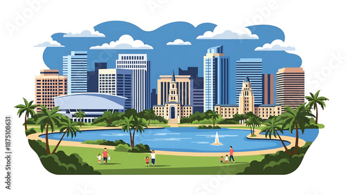 Flat vector illustration of an Orlando-inspired city view with modern buildings, lakes, palm trees and sunny atmosphere, clean flat vector style suitable for tourism visuals