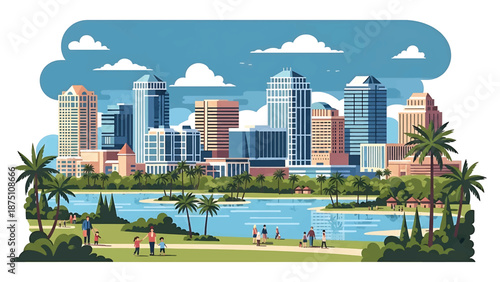Flat vector illustration of an Orlando-inspired city view with modern buildings, lakes, palm trees and sunny atmosphere, clean flat vector style suitable for tourism visuals