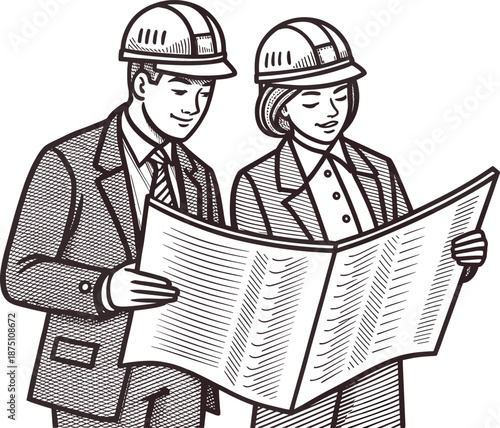 Professional architects reviewing construction blueprints together, wearing safety helmets, illustrating collaboration, planning accuracy, engineering expertise, and successful project development