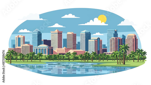 Flat vector illustration of an Orlando-inspired city view with modern buildings, lakes, palm trees and sunny atmosphere, clean flat vector style suitable for tourism visuals