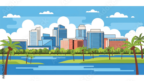 Flat vector illustration of an Orlando-inspired city view with modern buildings, lakes, palm trees and sunny atmosphere, clean flat vector style suitable for tourism visuals