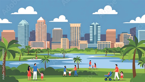 Flat vector illustration of an Orlando-inspired city view with modern buildings, lakes, palm trees and sunny atmosphere, clean flat vector style suitable for tourism visuals
