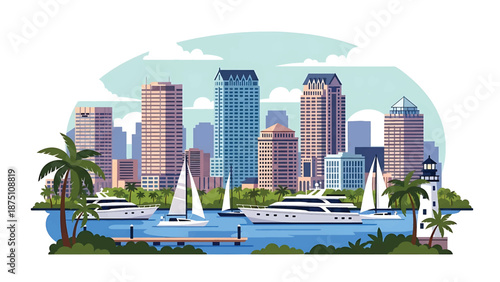 Flat vector illustration of a Tampa-style waterfront skyline with modern buildings, marina elements and calm coastal atmosphere, rendered in clean solid flat colors