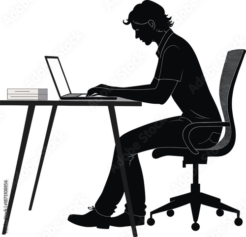 Focused Work Silhouette at Desk with Laptop, Office Chair, Books, Technology, Productivity, Study, Ergonomics, Concentration, Modern Workspace