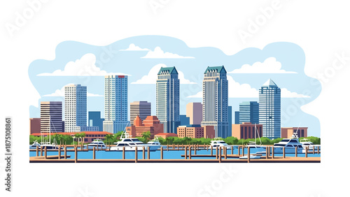 Flat vector illustration of a Tampa-style waterfront skyline with modern buildings, marina elements and calm coastal atmosphere, rendered in clean solid flat colors