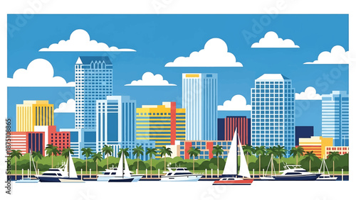 Flat vector illustration of a Tampa-style waterfront skyline with modern buildings, marina elements and calm coastal atmosphere, rendered in clean solid flat colors