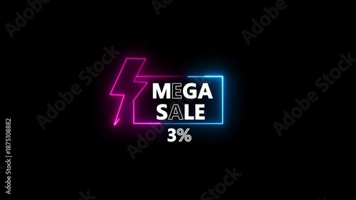 Glowing neon text Mega Sale 3 Percent Off Discount Announcement With Lightning Bolt. discount promotion for online and retail shopping with dark background