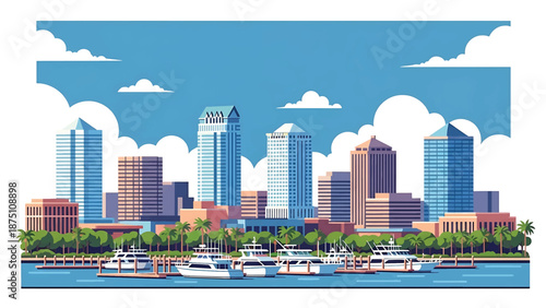 Flat vector illustration of a Tampa-style waterfront skyline with modern buildings, marina elements and calm coastal atmosphere, rendered in clean solid flat colors