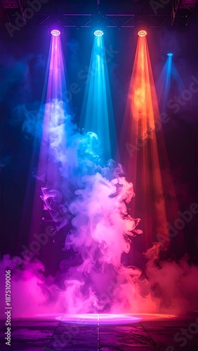 Three spotlights with colorful beams pierce through stage smoke