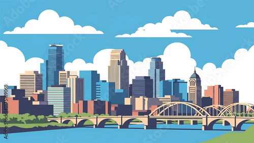 Flat vector illustration of a Minneapolis-style cityscape with modern skyline, river flowing through downtown and simplified bridges, clean flat vector design with solid colors