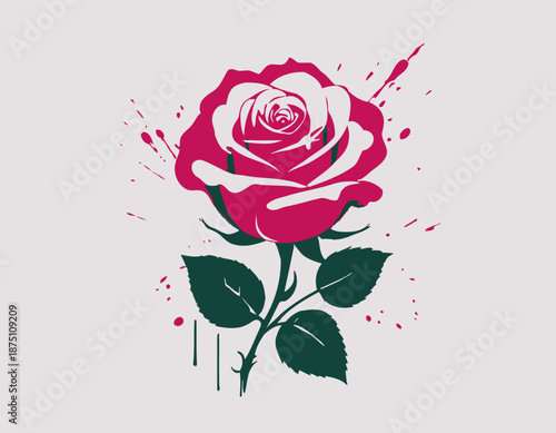 Beautiful hand-drawn pink rose illustration with soft watercolor splashes and green leaves, isolated on a clean white background. This elegant floral artwork symbolizes love, romance, beauty.