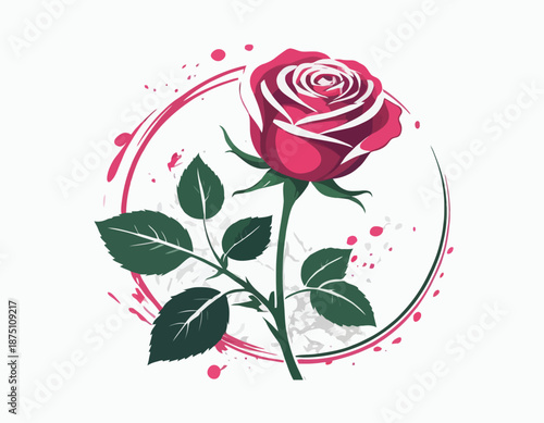 Beautiful hand-drawn pink rose illustration with soft watercolor splashes and green leaves, isolated on a clean white background. This elegant floral artwork symbolizes love, romance, beauty.