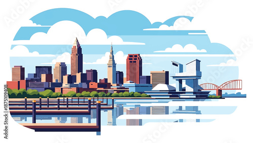 Flat vector illustration of a Cleveland-style lakeside cityscape with waterfront buildings, docks and calm urban atmosphere, designed in solid flat vector colors