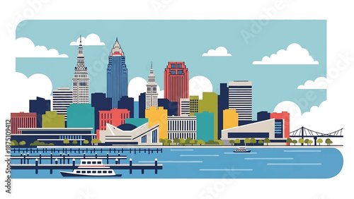 Flat vector illustration of a Cleveland-style lakeside cityscape with waterfront buildings, docks and calm urban atmosphere, designed in solid flat vector colors
