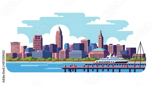 Flat vector illustration of a Cleveland-style lakeside cityscape with waterfront buildings, docks and calm urban atmosphere, designed in solid flat vector colors