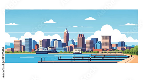 Flat vector illustration of a Cleveland-style lakeside cityscape with waterfront buildings, docks and calm urban atmosphere, designed in solid flat vector colors