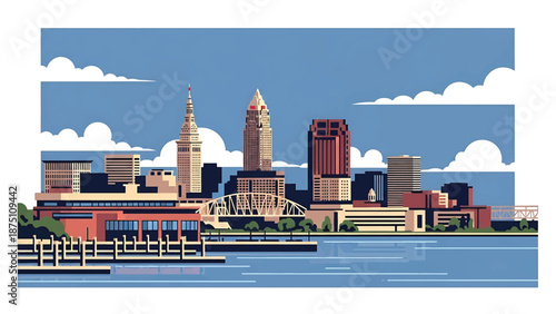 Flat vector illustration of a Cleveland-style lakeside cityscape with waterfront buildings, docks and calm urban atmosphere, designed in solid flat vector colors