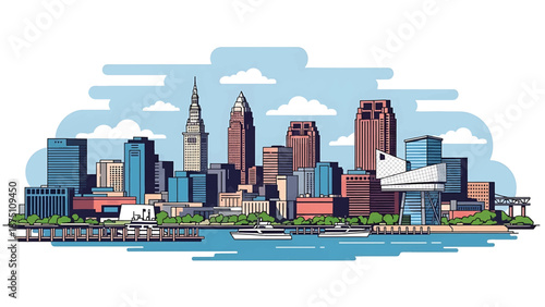 Flat vector illustration of a Cleveland-style lakeside cityscape with waterfront buildings, docks and calm urban atmosphere, designed in solid flat vector colors