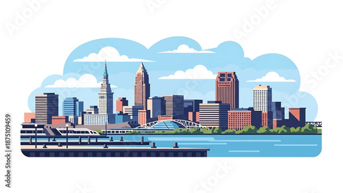 Flat vector illustration of a Cleveland-style lakeside cityscape with waterfront buildings, docks and calm urban atmosphere, designed in solid flat vector colors