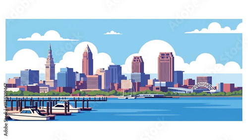Flat vector illustration of a Cleveland-style lakeside cityscape with waterfront buildings, docks and calm urban atmosphere, designed in solid flat vector colors