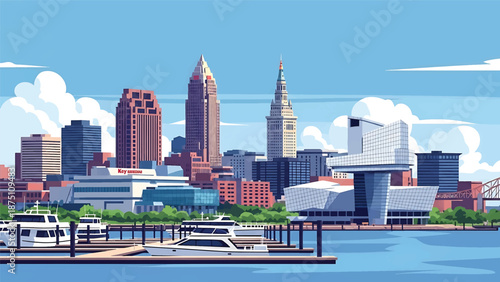 Flat vector illustration of a Cleveland-style lakeside cityscape with waterfront buildings, docks and calm urban atmosphere, designed in solid flat vector colors