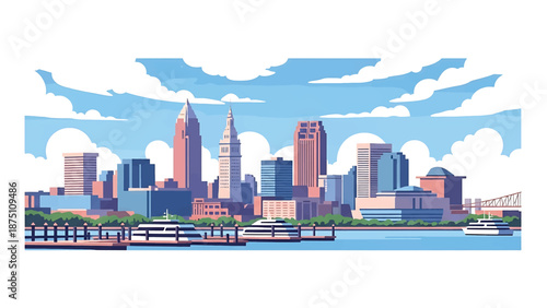 Flat vector illustration of a Cleveland-style lakeside cityscape with waterfront buildings, docks and calm urban atmosphere, designed in solid flat vector colors